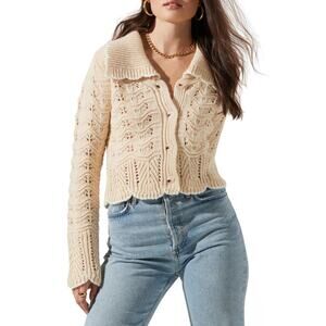 ASTR the Label Beige Scalloped Trim Collared Pointelle Open Knit Cardigan Medium